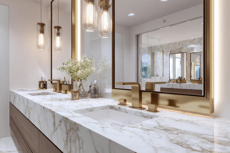 Double vanity bathroom with Calacatta gold quartz