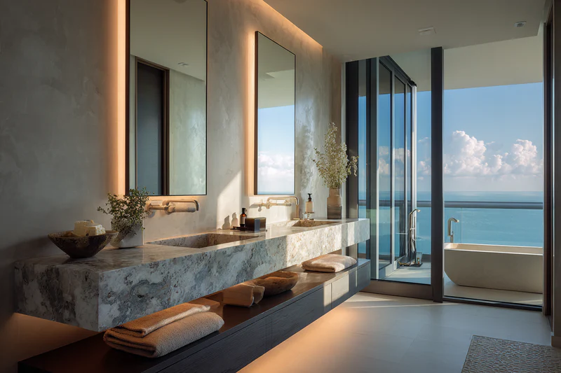 Penthouse bathroom with gray quartz and ocean view