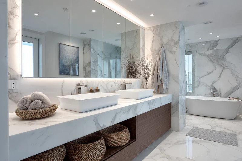 Spa bathroom with Calacatta quartz vanity, vessel sink and freestanding tub