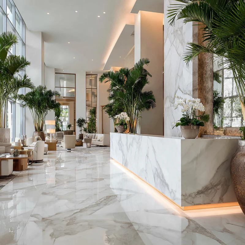 Polished white quartz slab with dark veining