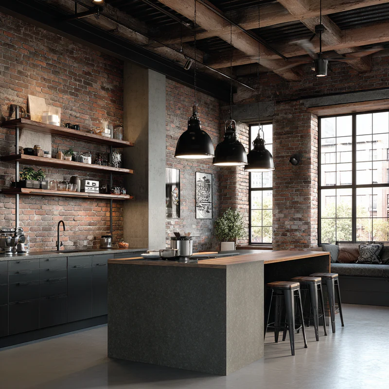 Industrial loft kitchen with exposed brick and quartz island