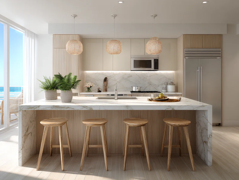 Beach condo kitchen with woven pendant lights and quartz counters