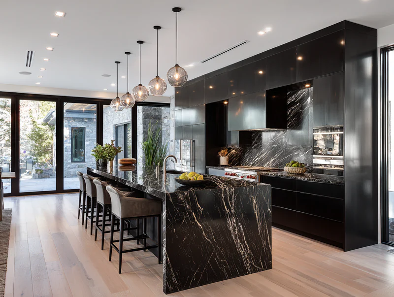Dramatic granite countertop with gold veining