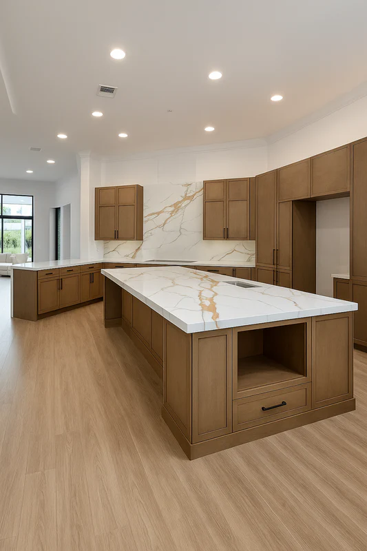 Transitional kitchen with Calacatta gold quartz and wood cabinets