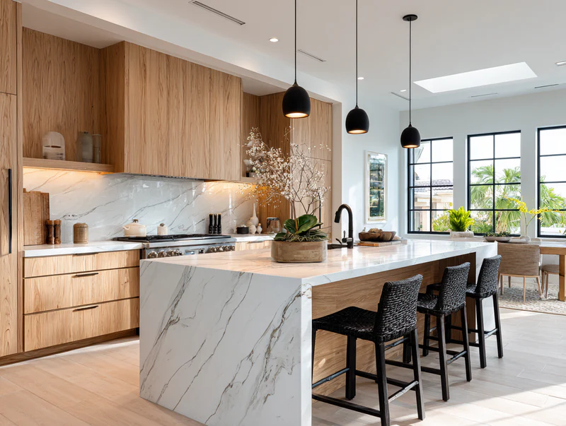 Coastal kitchen with oak cabinets and wicker stools - quartz island