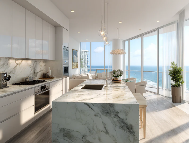 Penthouse kitchen with veined quartz and panoramic ocean view