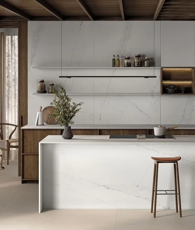 Rustic kitchen with white quartz and exposed wood beams