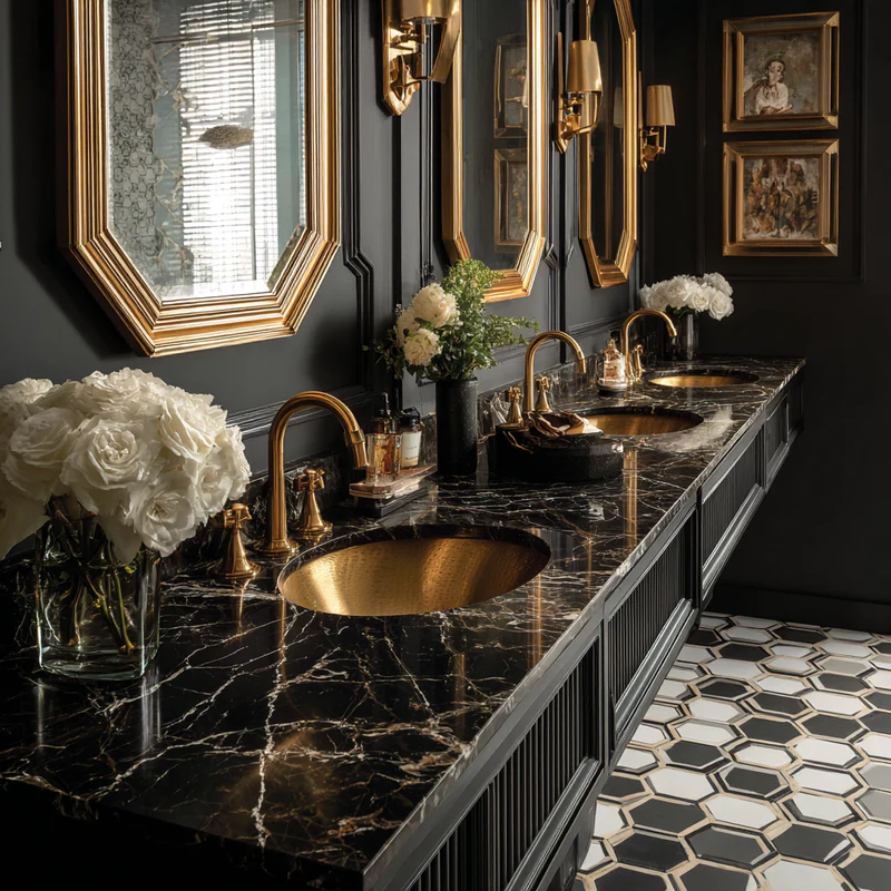 Luxury bathroom with black marble and gold fixtures