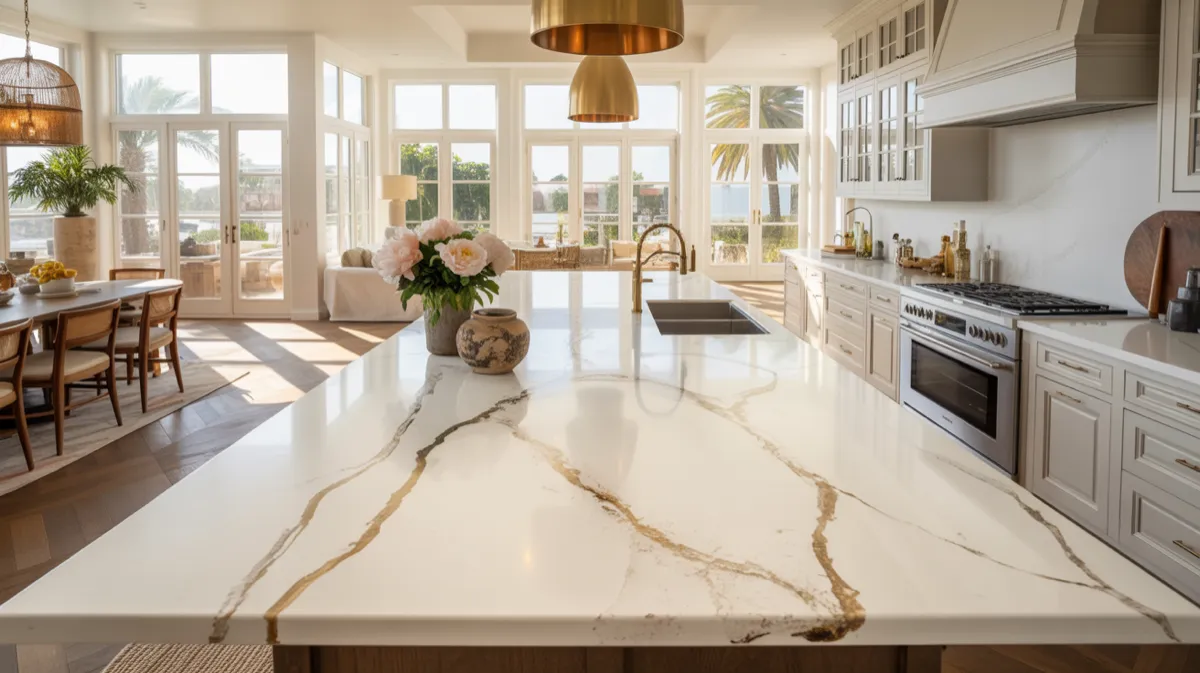 Modern kitchen with gray quartz countertops and wood slat accents