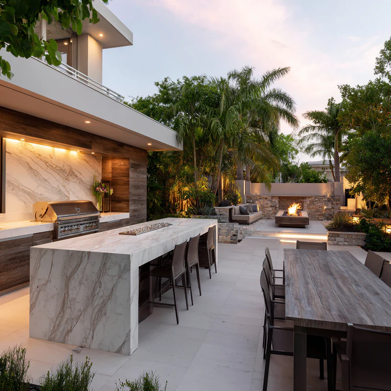 Contemporary kitchen with large white quartz island