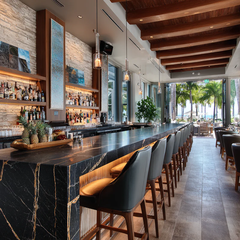 Stylish interior with marble backsplash and quartz countertop