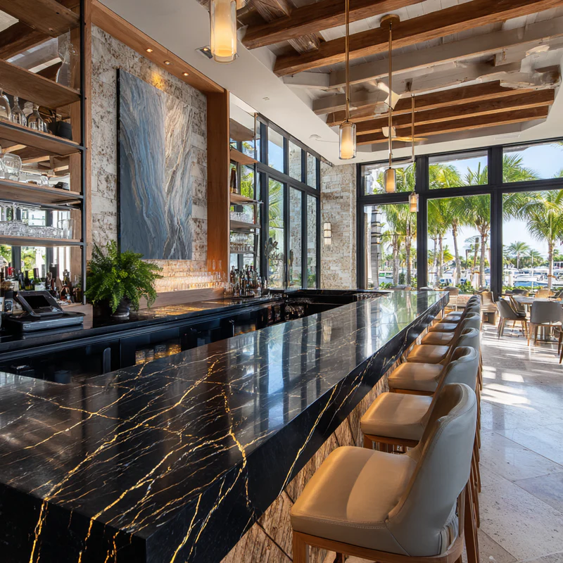 Waterfront bar quartz countertops Miami Beach commercial installation